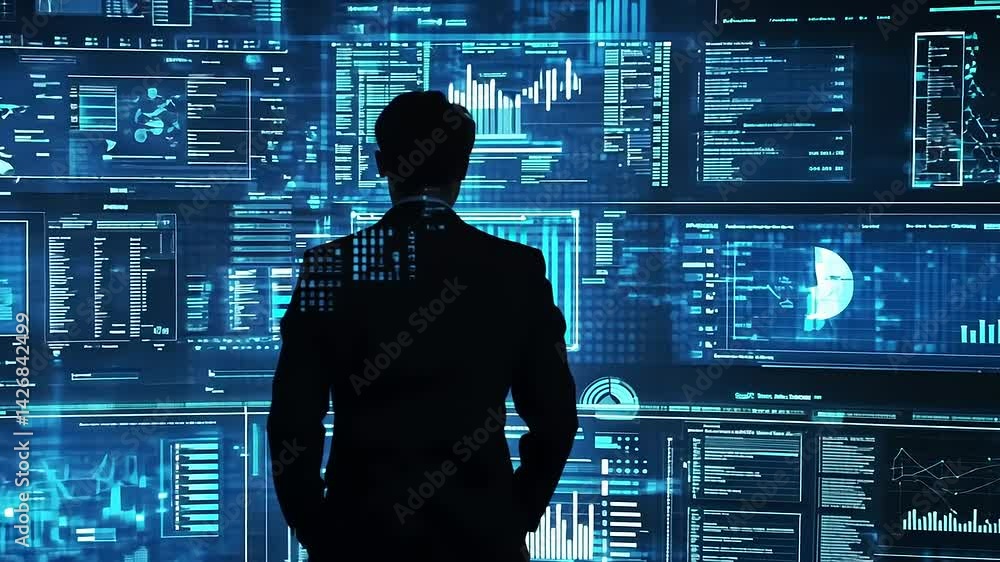 Futuristic Businessman Analyzing Data Insights in Digital Workspace