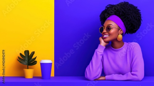 A fashionable woman with curly hair sits at a bright table, smiling while resting her chin on her hand. The background features vibrant yellow and blue colors, creating an energetic atmosphere