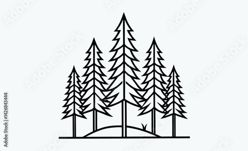 Fir trees silhouette, Coniferous spruce horizontal background patterns, black evergreen woods vector illustration. Beautiful hand drawn panorama with treetops forest.