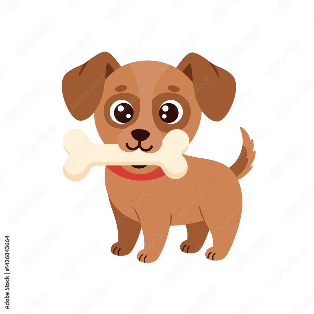 Obraz premium Cute brown dog holding bone in mouth with red collar cartoon vector illustration 