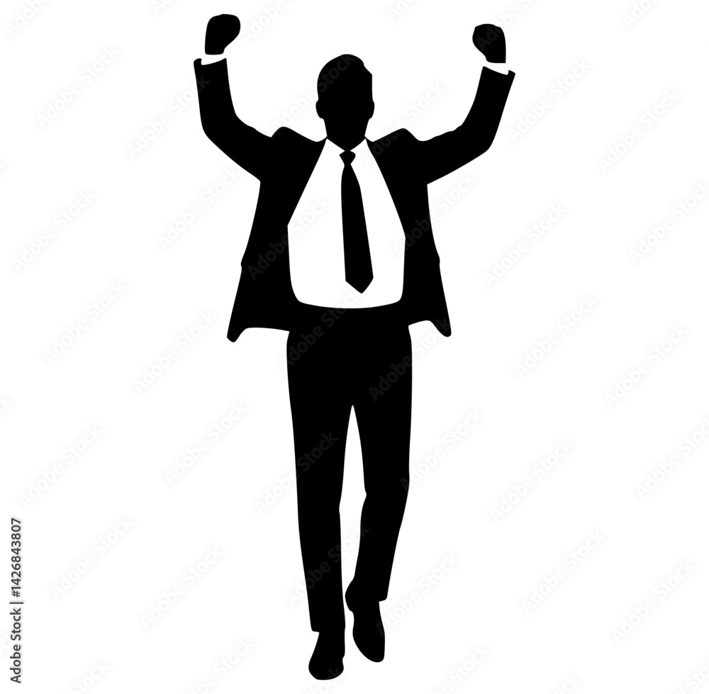 Silhouette of Excited Businessman Celebrating Success with Raised Arms Silhouette of Excited Businessman Celebrating Success with Raised Arms