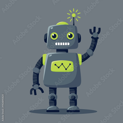 Friendly grey robot waving with glowing antenna vector illustration in square format 