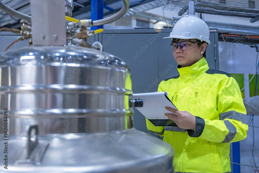 Asian engineer working at Operating hall,Thailand people wear helmet work,He worked with diligence and patience,she checked the valve regulator at the hydrogen tank.