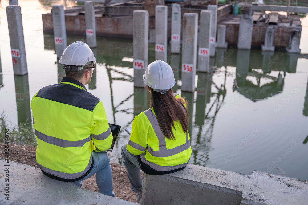 Civil Engineers Consult on Pile Driving in Water,Working at site of a large building project Construction Site Collaboration,Discuss Construction Project,Building Foundations at the Site Civil Engineers Consult on Pile Driving in Water,Working at site of a large building project Construction Site Collaboration,Discuss Construction Project,Building Foundations at the Site