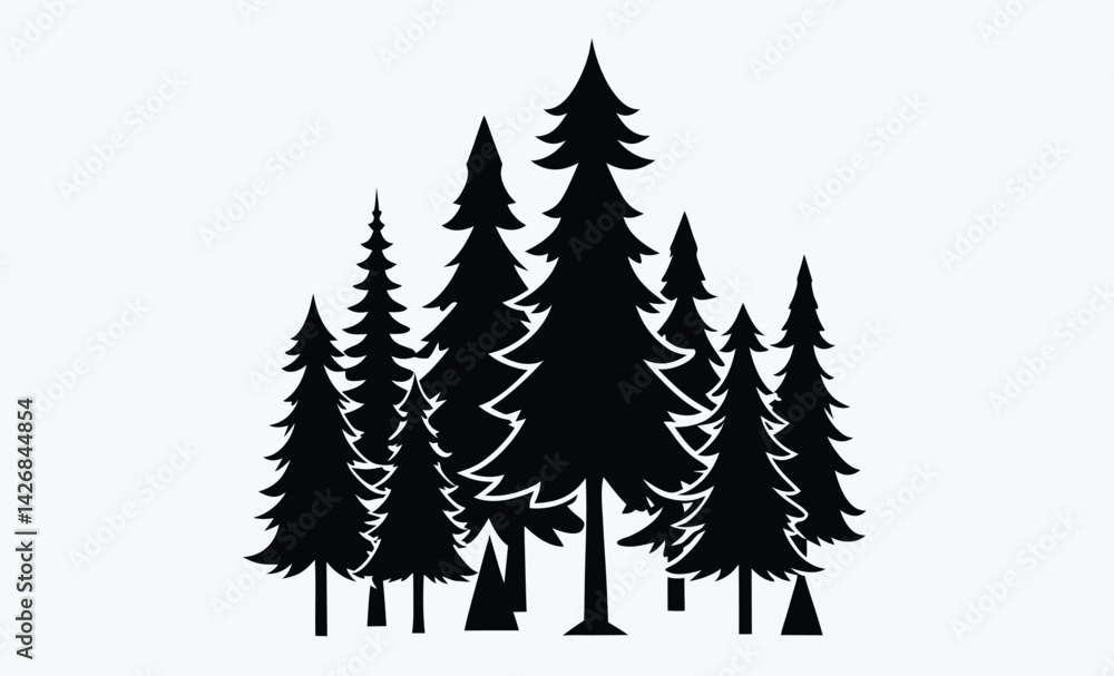 Fototapeta premium Fir trees silhouette, Coniferous spruce horizontal background patterns, black evergreen woods vector illustration. Beautiful hand drawn panorama with treetops forest.