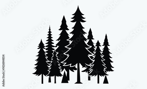 Fir trees silhouette, Coniferous spruce horizontal background patterns, black evergreen woods vector illustration. Beautiful hand drawn panorama with treetops forest.