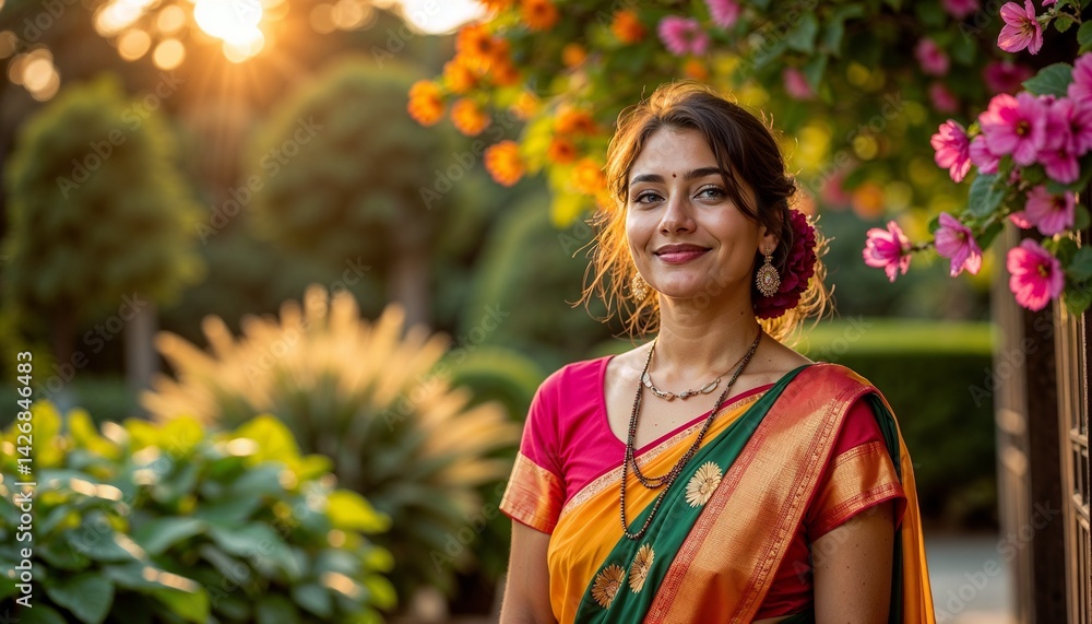 Young Indian woman with a joyful expression wearing a colorful saree in a blooming garden at sunset