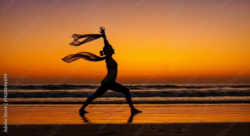 Silhouette of a woman practicing yoga with flowing scarf on the beach at sunset