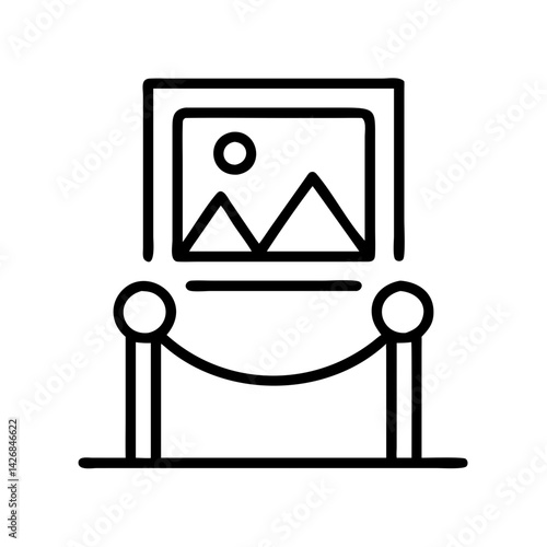 Illustration of art gallery exhibit with painting mountains sun and rope barrier line drawing vector icon