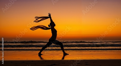 Obraz na płótnie Silhouette of a woman practicing yoga with flowing scarf on the beach at sunset w salonie