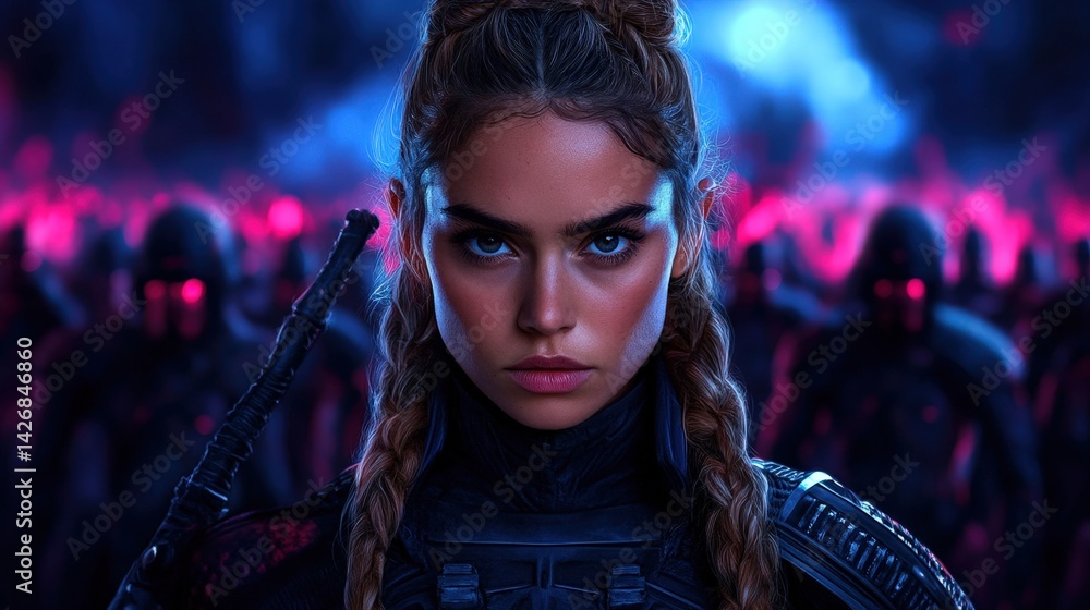 A determined warrior with braided hair faces the viewer against a dark, ominous backdrop filled with an army of shadowy figures, radiating a sense of urgency and strength