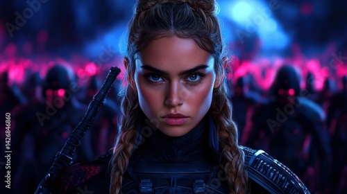 Obraz na płótnie A determined warrior with braided hair faces the viewer against a dark, ominous backdrop filled with an army of shadowy figures, radiating a sense of urgency and strength w salonie