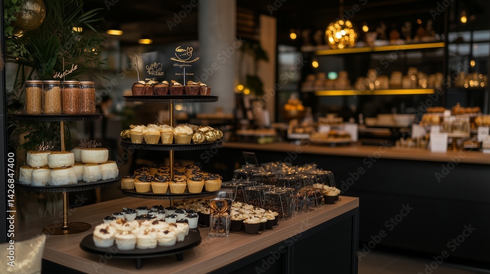 Fototapeta premium Delicious desserts and pastries displayed in a modern cafe interior with stylish decor and ambient lighting