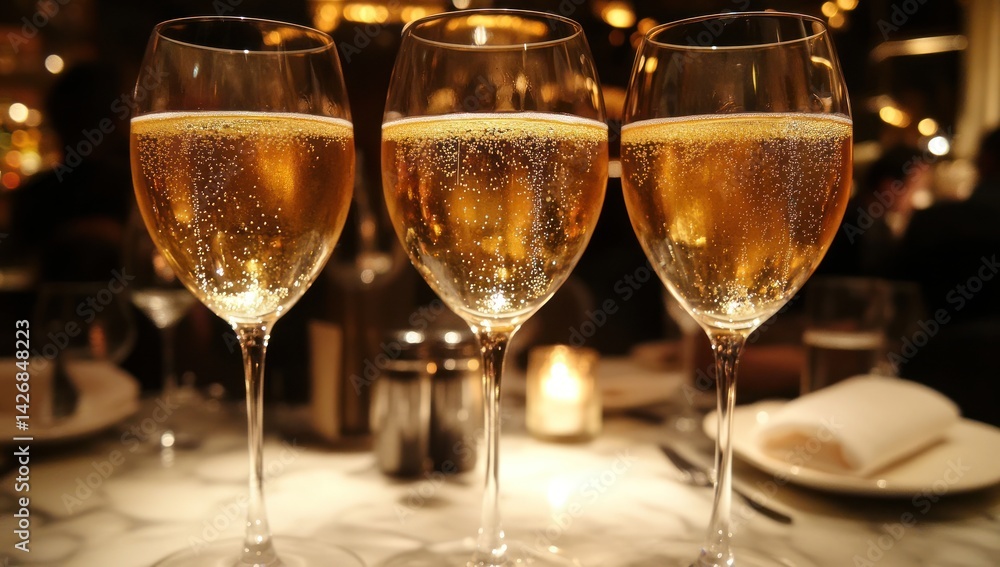 Three wine glasses filled with sparkling liquid on a table in a restaurant. Three wine glasses filled with sparkling liquid on a table in a restaurant.