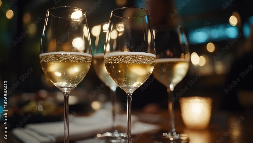 Three wine glasses filled with white wine on a dark surface. Three wine glasses filled with white wine on a dark surface.