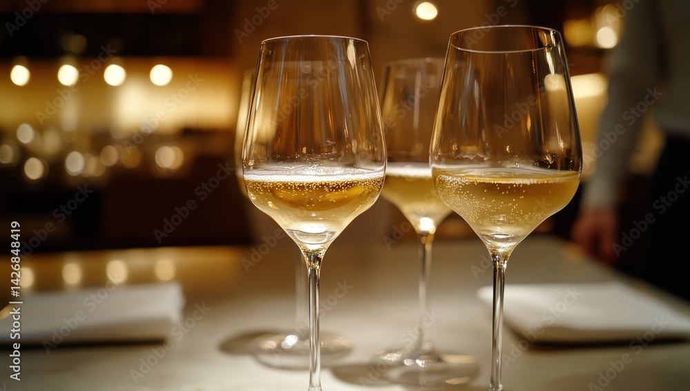 Three wine glasses filled with white wine on a table in a restaurant. Three wine glasses filled with white wine on a table in a restaurant.