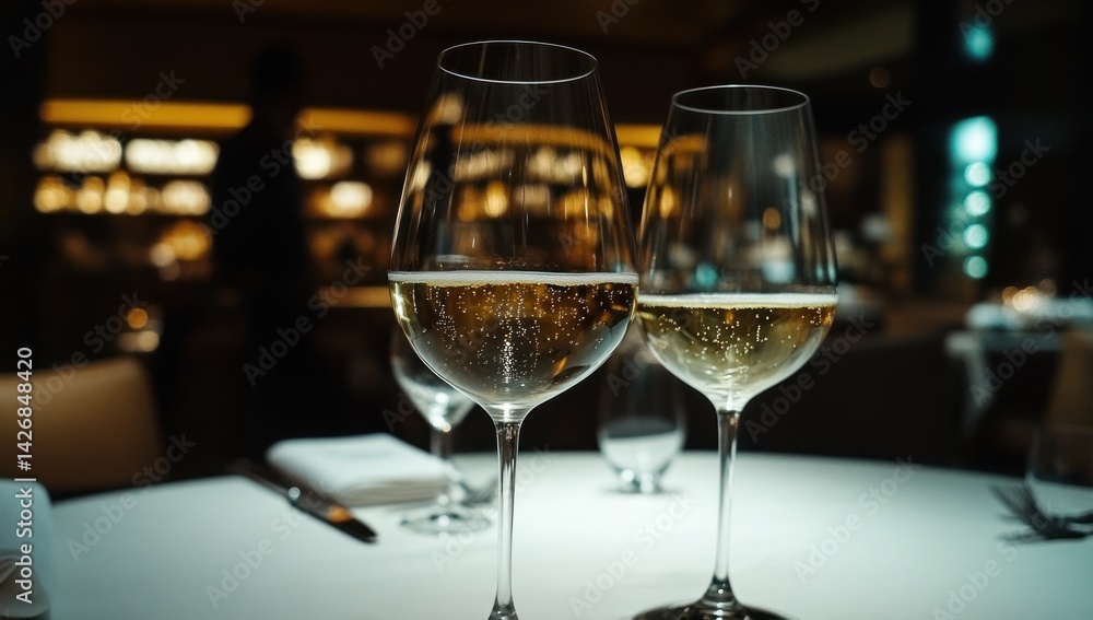 Two wine glasses filled with white wine on a table in restaurant. Two wine glasses filled with white wine on a table in restaurant.