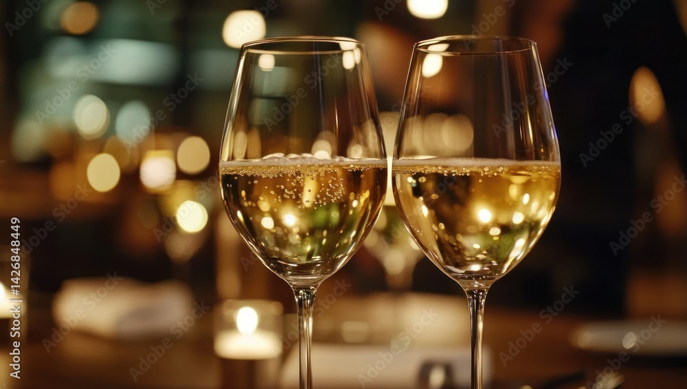 Two wine glasses filled with white wine on a table in restaurant. Two wine glasses filled with white wine on a table in restaurant.