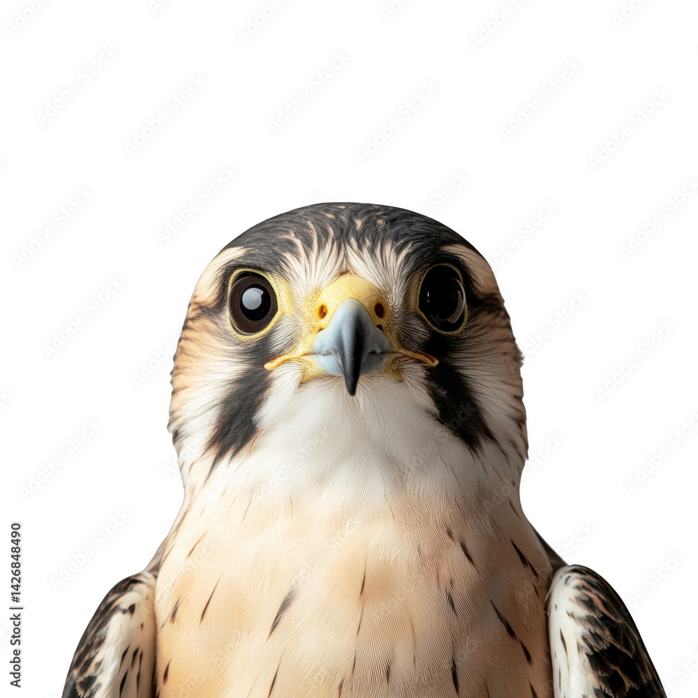 Fototapeta premium A majestic falcon stares directly at the camera, with its sharp eyes and piercing gaze