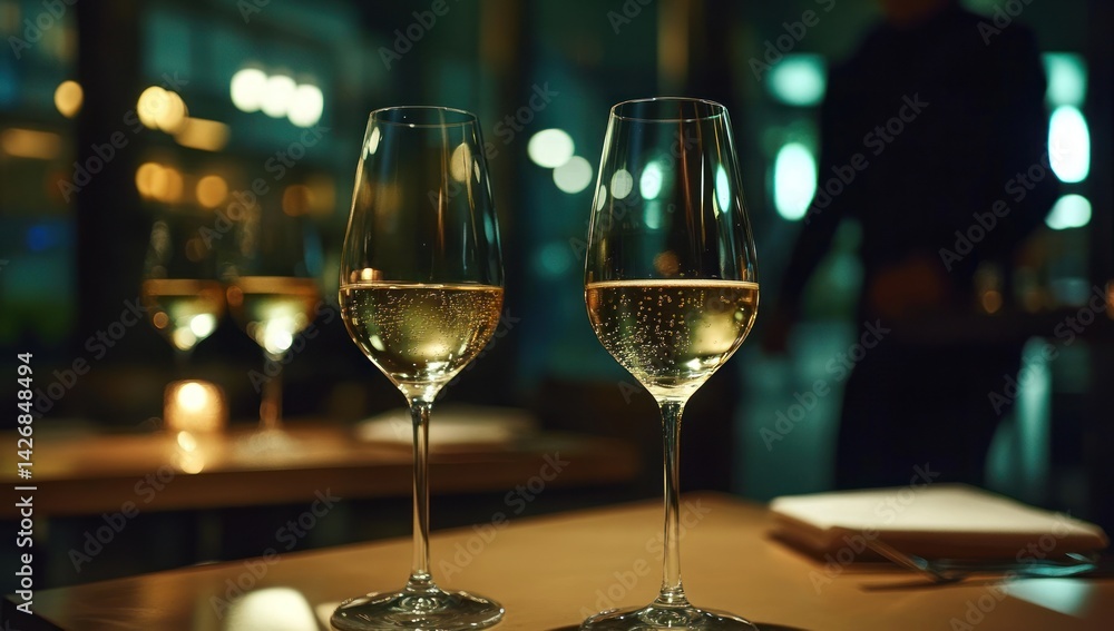 Wine glasses filled with white wine on a table in a restaurant. Wine glasses filled with white wine on a table in a restaurant.
