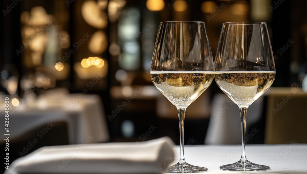 Two wine glasses filled with white wine on a table in a restaurant. Two wine glasses filled with white wine on a table in a restaurant.