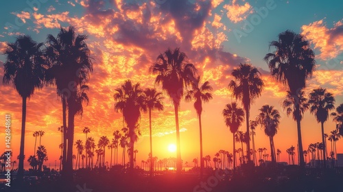 Fototapeta Naklejka Na Ścianę i Meble -  A picturesque sunset scene featuring palm trees silhouetted against a vibrant sky bathed in golden rays of light.