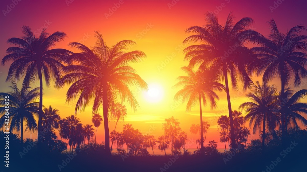 A picturesque sunset scene featuring palm trees silhouetted against a vibrant sky bathed in golden rays of light. A picturesque sunset scene featuring palm trees silhouetted against a vibrant sky bathed in golden rays of light.