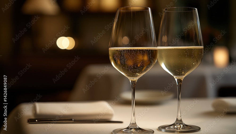 Two wine glasses filled with liquid on a white tablecloth in restaurant. Two wine glasses filled with liquid on a white tablecloth in restaurant.