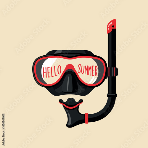 Snorkeling Mask and Snorkel with Hello Summer Text in Red and Black Design 