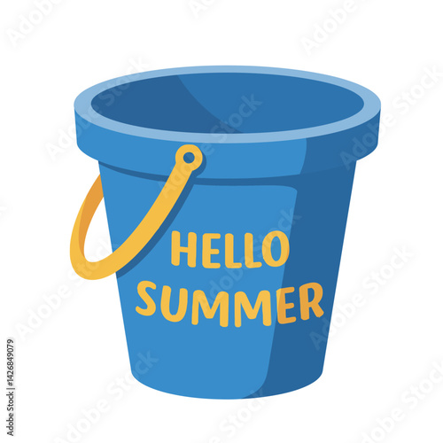 Blue summer bucket with yellow handle and hello summer text vector illustration