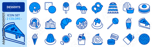Icons in two colors about desserts and sweets