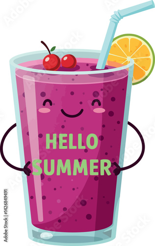 Purple smoothie glass with cherries lemon slice and straw summer theme vector illustration 