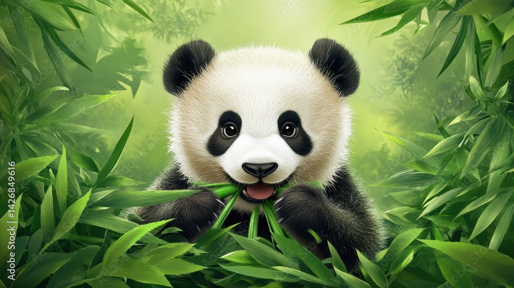 A realistic illustration of a cute panda cub joyfully eating bamboo in a lush green forest. A realistic illustration of a cute panda cub joyfully eating bamboo in a lush green forest.