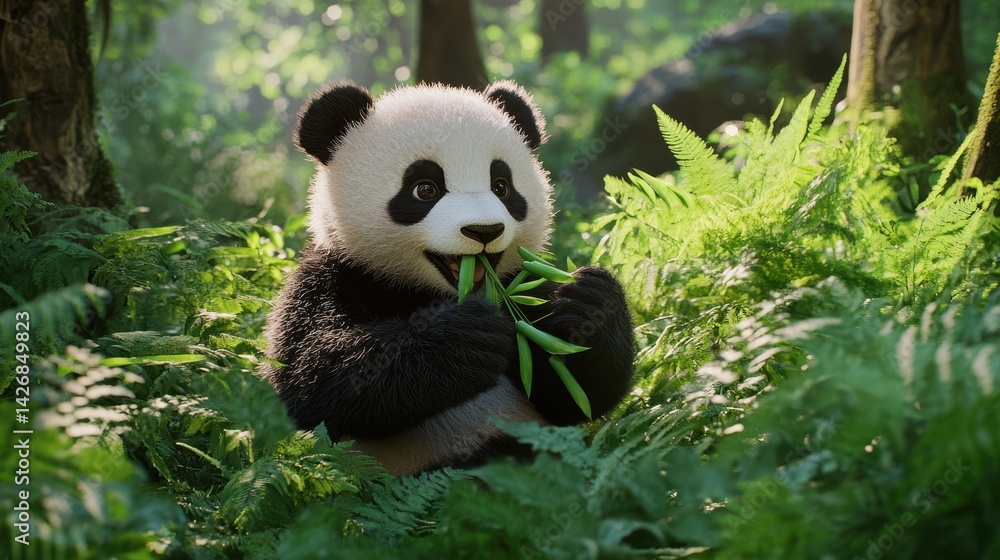 A realistic illustration of a cute panda cub joyfully eating bamboo in a lush green forest. A realistic illustration of a cute panda cub joyfully eating bamboo in a lush green forest.