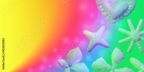 Butterfly, star and heart shapes from inflated balloons on rainbow colorful gradient, 3D vector abstract background