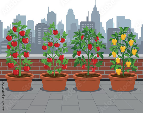 Tomato and bell pepper plants growing in pots on urban rooftop with city skyline background vector illustration 
