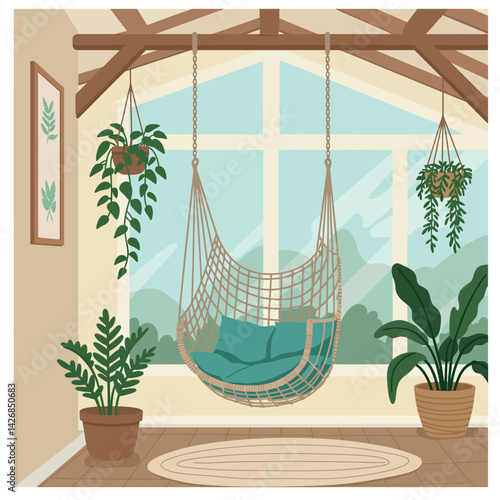 Indoor cozy hammock chair with green plants and large window natural light vector illustration 