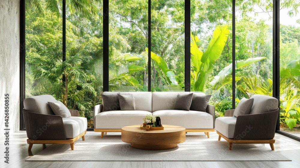 A realistic modern living room featuring a 3D view of a lush tropical garden through large windows. A realistic modern living room featuring a 3D view of a lush tropical garden through large windows.