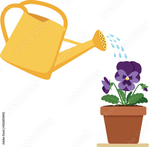 Yellow watering can watering purple pansy flower in brown pot vector illustration 