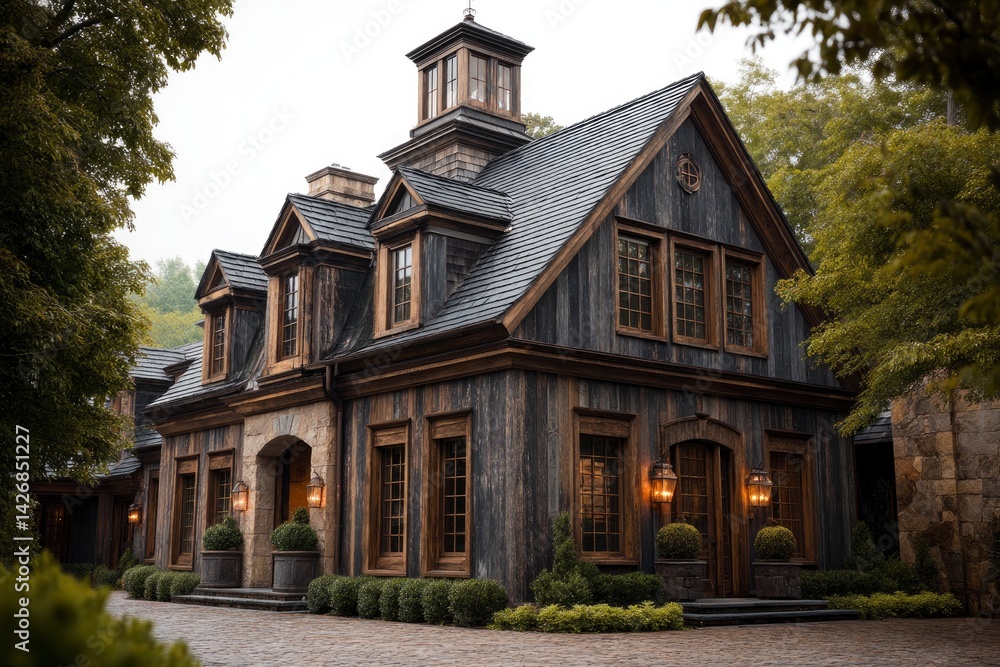 Naklejka premium Rustic Wooden Farmhouse: Dark Exterior, Slate Roof, Charming Details