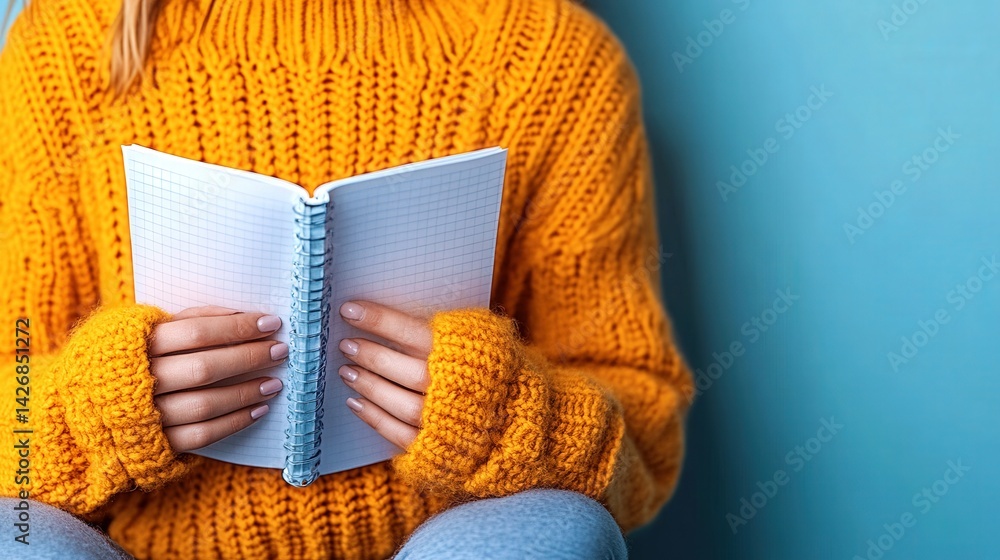 A person sits against a blue wall, wearing a vibrant orange sweater, holding a blank notebook. They appear relaxed, enjoying a peaceful moment of contemplation