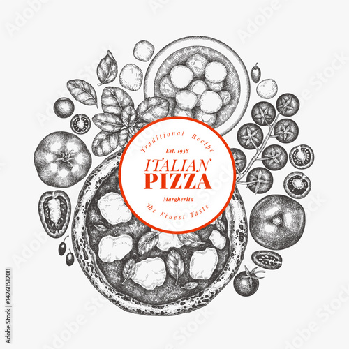Hand Drawn Vector Pizza Illustration. Retro Margarita Pizza Design Template. Old School Italian Food Background