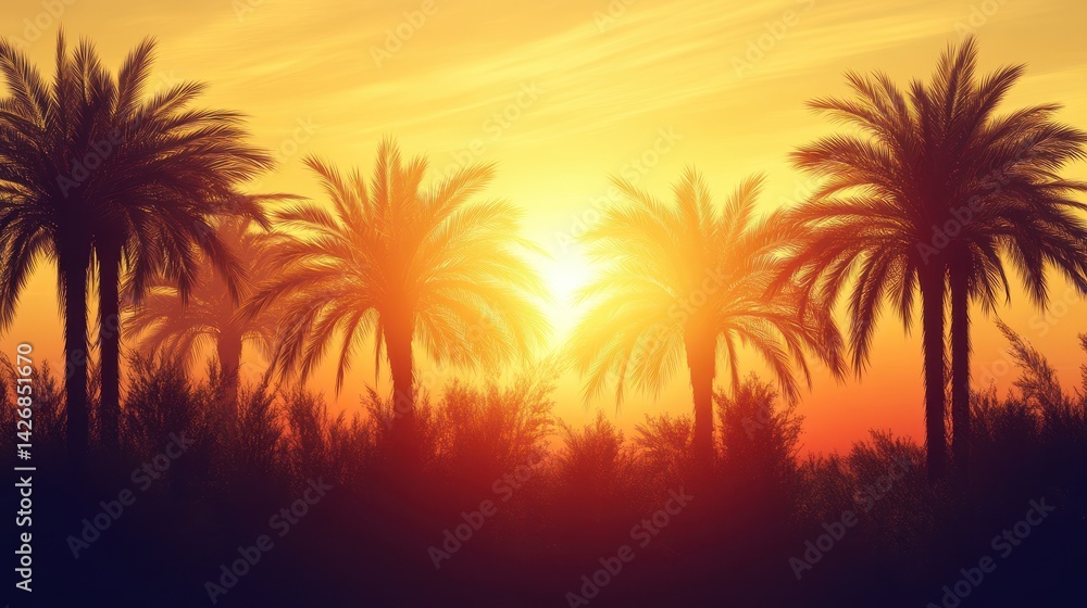 Obraz premium A realistic photo capturing the golden sunset filtering through a grove of palm trees.