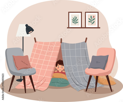Child Playing Indoor Blanket Fort Between Armchairs Cozy Home Interior Scene 