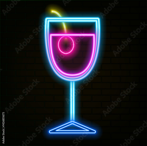 Alcoholic cocktails. neon style. Cognac, cognac, vodka, tequila, whiskey, champagne, wine, margarita cocktails. Bottle and glass