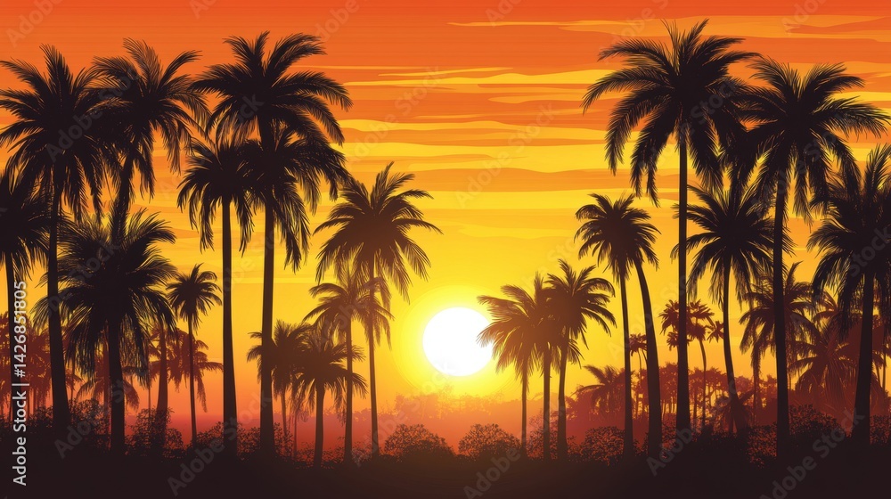 Fototapeta premium A realistic photo capturing the golden sunset filtering through a grove of palm trees.