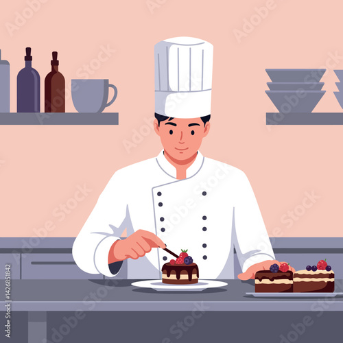 Chef in white uniform decorating chocolate cake in professional kitchen vector illustration 