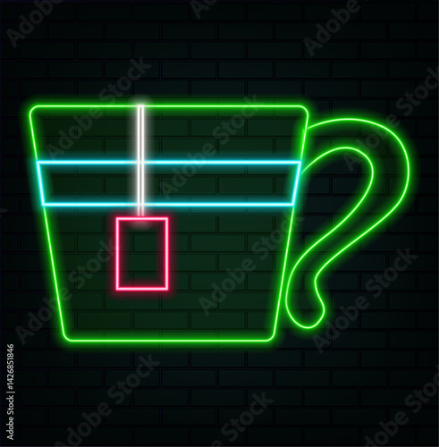 Aromatic drink with caffeine, hot liquid in mugs. neon style. Cappuccino or espresso, doppio or mocha.