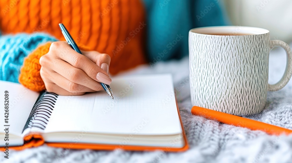A hand writes notes in a notebook while holding a sparkling pen, accompanied by a warm drink in an artistic mug. The colorful sweater adds a cozy feel to the comfortable atmosphere