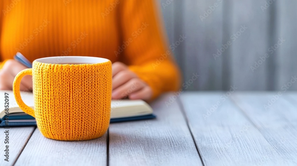 A person in a vibrant orange sweater writes in a notebook while holding a yellow mug. The wooden table setting creates a warm atmosphere, perfect for creativity and reflection